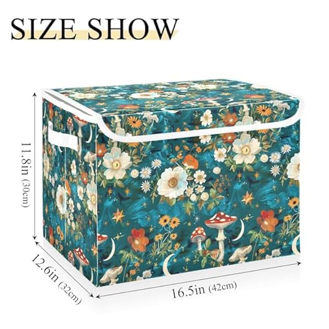 senya Large Storage Bins with Linen Collapsible Foldable Storage Cubes Fabric Closet Organizer Containers box with Flip-Top Lid for Home Bedroom Office 16.7 x 12.6 x 11.8in (Flowers Mushrooms Stars)