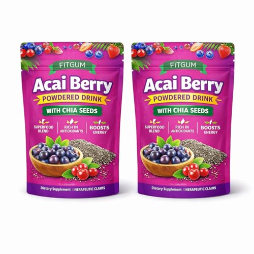 FitGum Acai Berry Powdered Drink with Chia Seeds Superfood Blend Rich in Antioxidants Boosts Energy 10 Sachets (2PCS)