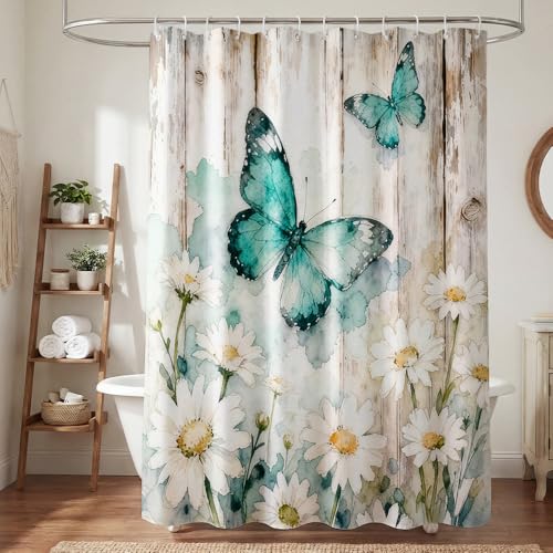 AURISSE Chrysanthemum and Butterfly Shower Curtain Rustic Serene Botanical Bathroom Decor Waterproof Polyester Fabric for Full-Length Coverage 72 x 72 Inch with 12 Hooks