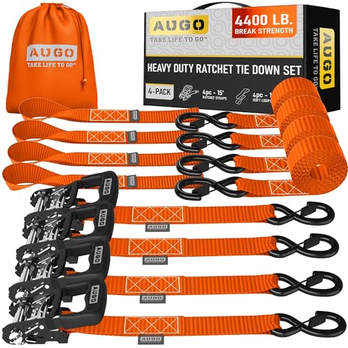 Image of AUGO Heavy Duty Ratchet Straps & Soft Loops - Pack of 4 Extra Strong 1.5 inch by 15' Ratchet Straps w /S-Hook Safety Latches & 4 Soft Loop Tie Downs - 4400Lb Break Strength for Motorcycles, ATVs, Etc.