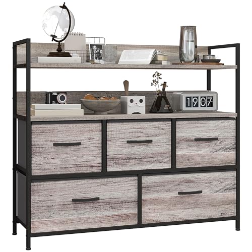 HOMCOM Commode avec 5 tiroirs en tissu pliables, commode chambre, meuble de rangement avec...