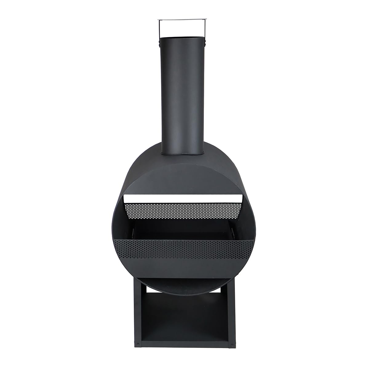 CHARLES BENTLEY Chauffage terrasse cheminée Moderne 129cm, Acier Noir, brûleur Bois/Charbon, tisonnier Inclus, Design Contemporain, Rangement bûches (129x55x40cm)