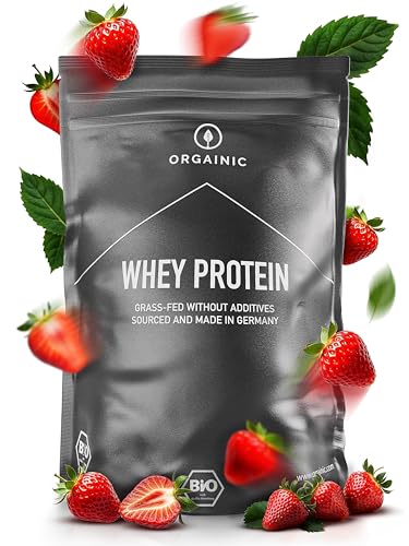 ORGAINIC Proteína de Suero de Leche - Aroma Natural - Con Aminoácidos Esenciales, No Esenciales y BCAA para Ganar y Aumentar Masa Muscular - Procesado en Frío, Sin GMO - Bolsa 1000g, Fresa