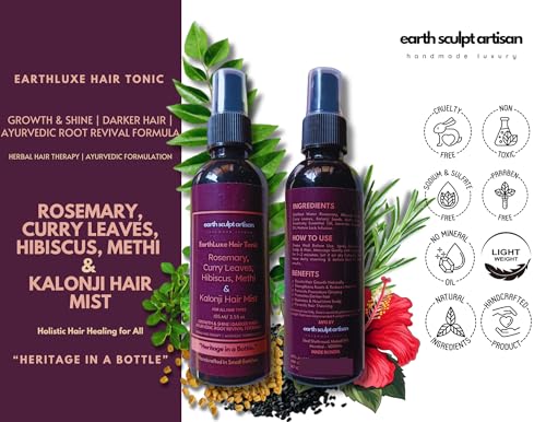 Image of Rosemary Hibiscus Hair Growth Spray for Hair Fall & Dandruff Control, Hair Regrowth with Curry Leaves, Methi & Kalonji | 100% Natural, Handmade, Non-Greasy & Fast Absorbing | 105ml