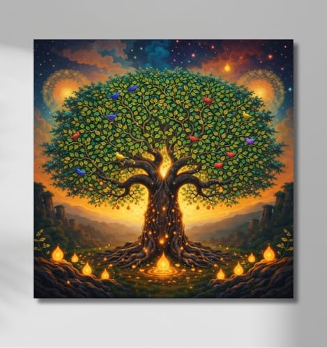 Image of Kunj Cart Kalpavriksha Tree Painting | 8+ DESIGNS | Kalpvriksh Tree Wall Painting | Lucky Tree Wall Art For Living Room, Bedroom and Office Decor | Canvas Painting for Wall Decoration (Design - C, 24x24 Inch, Framed)