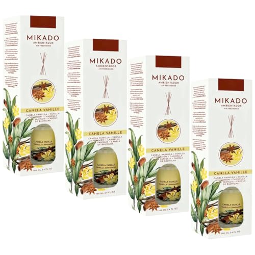 Pack de 4 Ambientadores Mikado 100 ml -Canela Vanille-Aroma floral y envolvente para tu hogar.