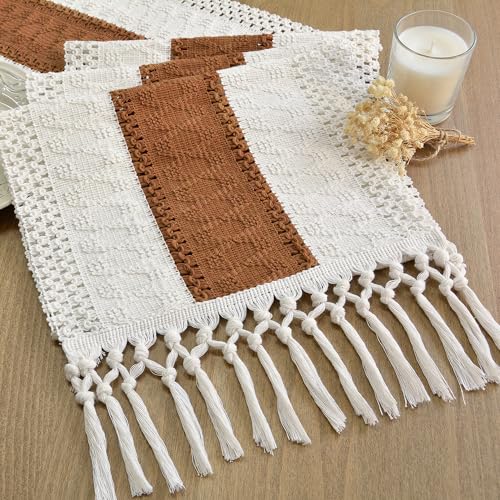 FEXIA Boho Table Runner with Tassels 72 Inches Long for Summer Home Decor Farmhouse Rustic Macrame Burlap Table Decoration for Living Room Dining Room, Reddish Brown(12x72 Inches)