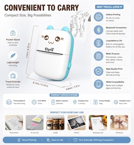 Image of Mini Portable Thermal Printer - Bluetooth Pocket Printer for Kids & Adults, 57mm Inkless Photo & Label Printer with 1 Roll, Prints B&W Notes, Stickers & Photos (White)