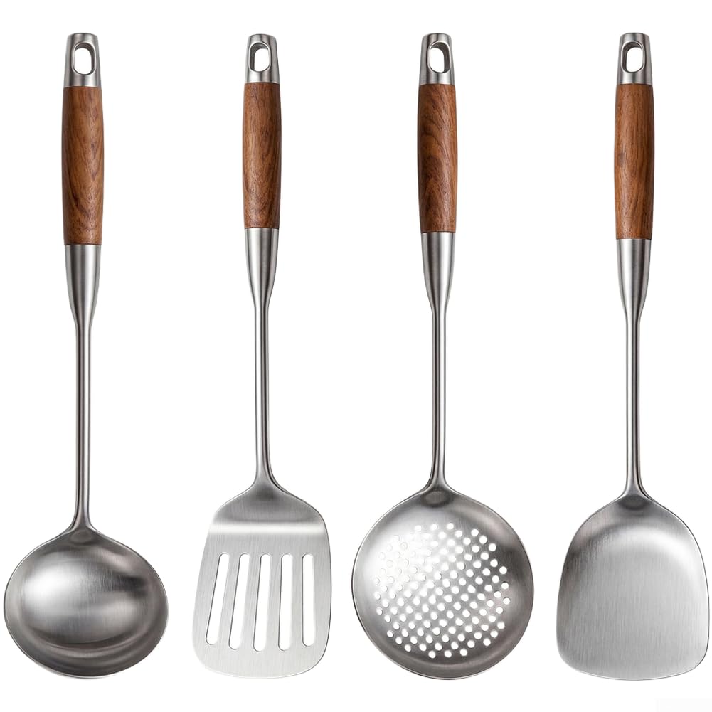 Manico in legno, utensile da cucina, 39 cm, per padelle, wok (set da 4