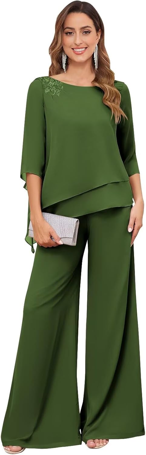 2 Piece Mother of The Bride Pant Suits for Women Dressy Chiffon Lace Sequin Formal Wedding Guest Outfits