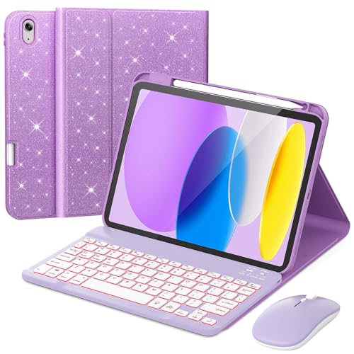 Image of RAYMCRAFT for iPad 11th(A16, 2025) /10th Generation Case with Keyboard, 360 Rotatable Case & Detachable Backlit Keyboard, Precision Cutouts and Pen Holder for iPad A16 11'' / 10.9'', Sparkling Purple