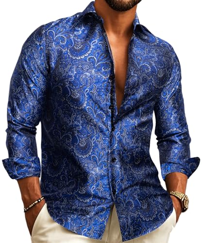 Barry.Wang Camisas de vestir para hombre con estampado de cachemira, de seda, manga larga, botones, camisa grande y alta, estilo casual, para boda, fiesta, graduación, azul, XL