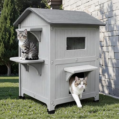 Rockever Plastic Insulated Outdoor Cat House with Escape Door, 2 Story Waterproof Cat House for Outdoor Cats for Feral Cats, Elevated Outside Cat Shelter, Clean and Assemble Easily