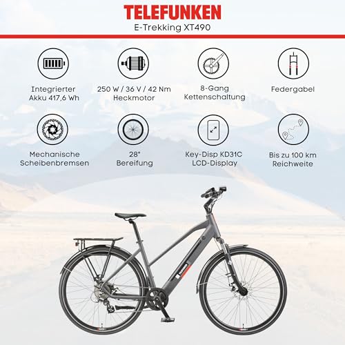 TELEFUNKEN E-Bike 28 Zoll Fahrrad für Damen | Trekking Pedelec mit 8-Gang Kettenschaltung & Scheibenbremsen | 250 W Heckmotor & integriertem 417,6 Wh Li-Ion-Akku | inkl. Panzerkabelschloss – Bild 6