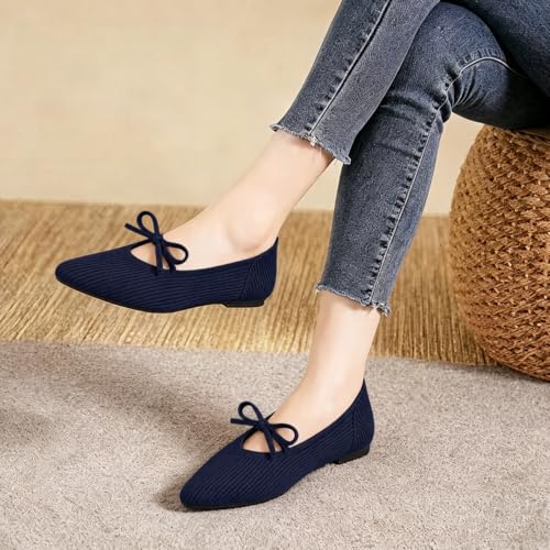 Image of TINGRISE Women's Pointed Toe Flats Comfortable Knit Ballet Shoes Washable Dressy with Bow Business Casual Work Shoes