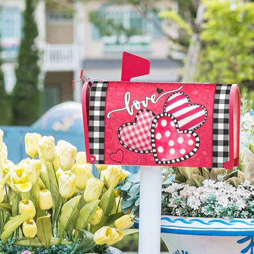Image of Valentine's Day Mailbox Covers Magnetic Standard Size 21 X 25.5 Inch Red Pink Love Hearts Magnetic Mailbox Cover Valentine Mailbox Wraps Post Box Cover Decoration Outdoor Garden Home Yard Outside