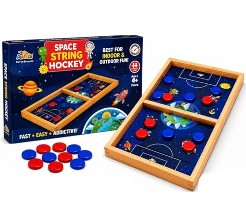 Image of Space String Hockey Game for Kids & Adults | Wooden Fast Sling Puck Board Game with 10 Coins | Indoor Outdoor Family Game | Fun Party Travel Game | Return Gift for Boys Girls
