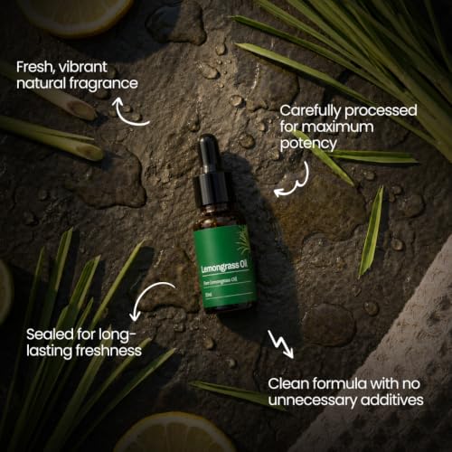 Image of My Pahadi Dukan 10ml Lemongrass Essential Oil, 100% Pure Steam Distilled, Aromatherapy, Skin Care, Stress Relief, Chemical-Free & Undiluted, Natural Antibacterial & Antifungal, Supports Clear Skin & Oil Control