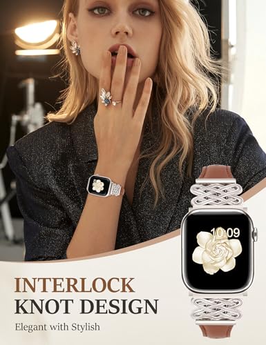 Image of Newlibery Leather Band for Women Slim Dressy Bands Compatible with Apple Watch 38mm 40mm 41mm 42mm 44mm 45mm 49mm, Designer Interlock Buckle Strap for iWatch Series 10 /9 /8 /7 /6 /5 /4 /3 /2 /1 /SE /Ultra