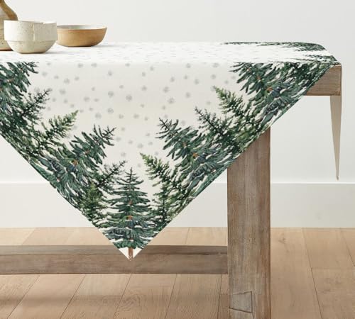 Artoid Mode Mantel navideño de pino, copos de nieve, mantel de temporada, mantel de invierno, cocina, mesa, decoración interior, vacaciones, fiesta, decoración, 120 x 120 cm