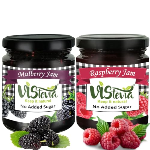 Image of Vistevia Sugar Free Mulberry & Raspberry Jam, Diabetic and Keto Friendly - Sweetened Naturally with Stevia, More Than 60% Whole Berry Content - Tastes Delicious - Pack of 2 (220 * 2 GM)