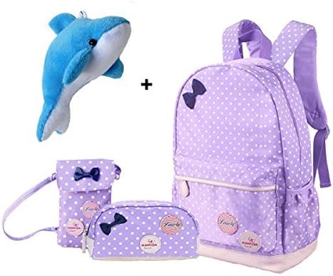 Efreewd Polka Dot 3pcs Kids Book Bag School Backpack Handbag Purse Girls Teen (Purple)