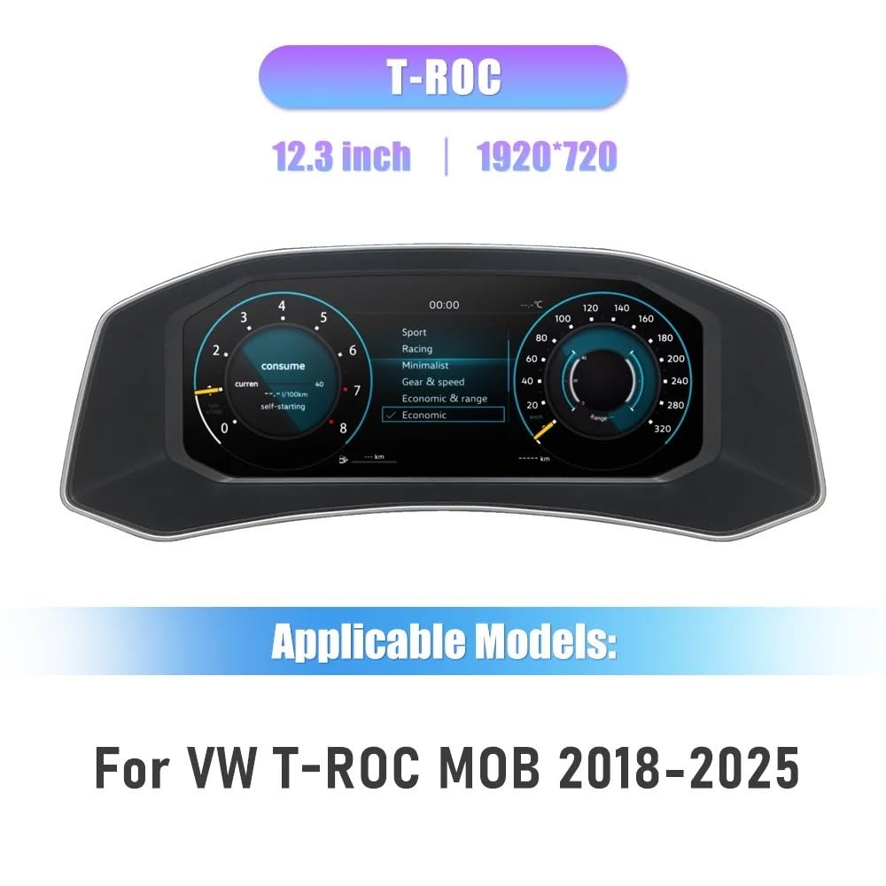 12,3-calowy cyfrowy panel LCD z zestawem wskaźników pasujący do VW T-ROC 2018-2025, wirtualny panel wskaźników MQB tachometr Cyfrowy miernik