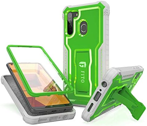 FITO Samsung Galaxy A21 Case, Dual Layer Shockproof Heavy Duty Case with Screen Protector for Samsung A21 Phone, Built-in Kickstand (Green)