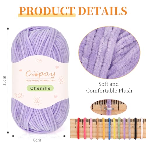 Image of Coopay Skinny Chenille Yarn for Crocheting and Knitting, 12 Pack of 50g /1.76oz - 1764yd Total, Crochet Yarn of Light Weights - Suitable for Baby Blankets, Plush Toys, Garments - Super Soft (Purple)