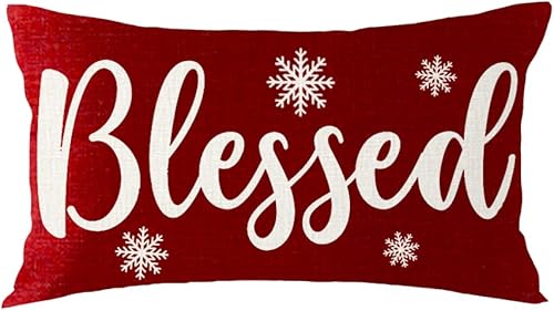 Miniatura 5 de Juego de 4 fundas de cojín decorativas lumbares con texto en inglés "Merry Christmas Believe Blessed Thankful Blessed Thankful Snowfling" con fondo