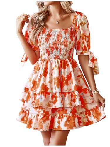 Image of Floerns Women's Floral Print Puff Sleeve Square Neck Tiered Layer Shirred Dresses
