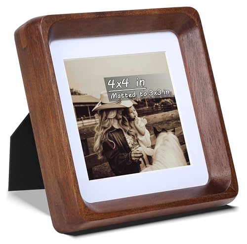 Image of Square 4x4 Picture Frame with Mat for 3x3, USA-Sourced Natural Walnut Wood Handcrafted Rounded Corner with Real Glass, Vertical or Horizontal Display Photo Gallery Wall & Tabletop Frame