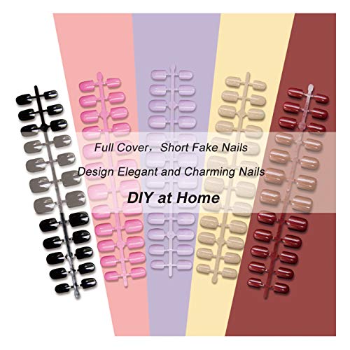 120Pcs Short Fake Nails Colorful Acrylic Full Cover Nails Press on Short Natural False Nails 5 Colors
