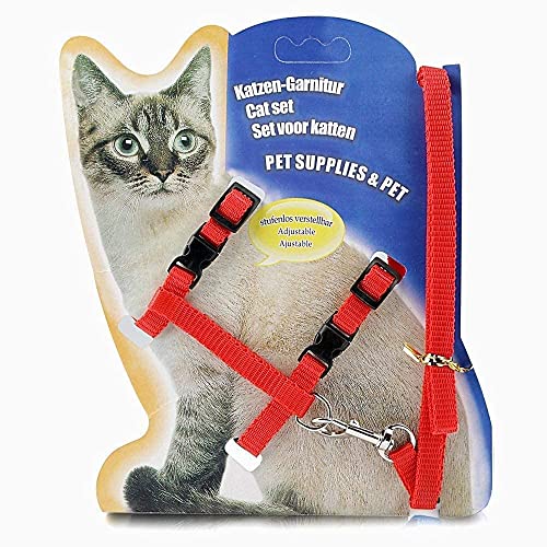 Image of Cat & Small Pet Nylon Strap Collar with Adjustable Walking Harness Leash Pet Walking for Kitten- Plain (RED)