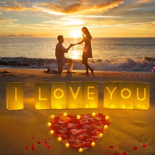 Image of Valentines Day Decorations, Special Night Romantic Decorations - I Love You Light Up Letters Luminary Bags with Bright Flameless Tea Candles and Fake Rose Petals, Happy Anniversary