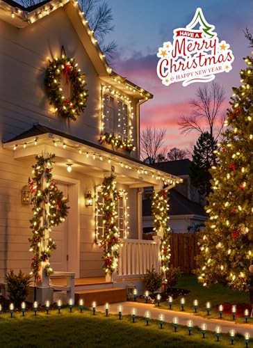C9 Christmas Decorations Outdoor, 26 Feet 20 LED Christmas Pathway Lights | Warm White Connectable Waterproof Bulb Christmas Lights with Stakes for Outside Yard Walkway Driveway Lawn Holiday Decor - image 4