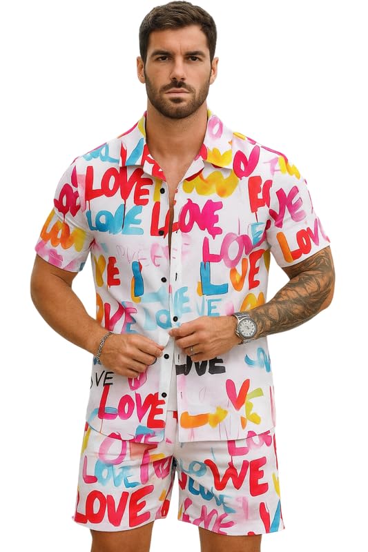 Image of Men's Printed Co-Ord Set | Plus Size Casual Shirt & Shorts Set | Nightwear Pajama Suit, Loungewear, Beachwear & Vacation Outfit Design No Shirt-Short Set10-Parent