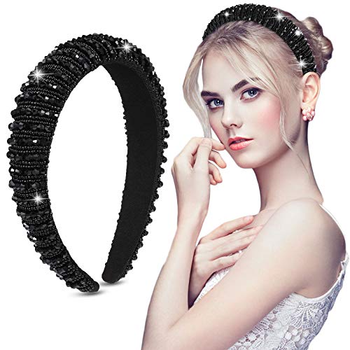 Crystal Rhinestone Diamond Headband Baroque Padded Headband Wide Glitter Crystal Beaded Hairband for Women Girls Hair Accessories (Black)