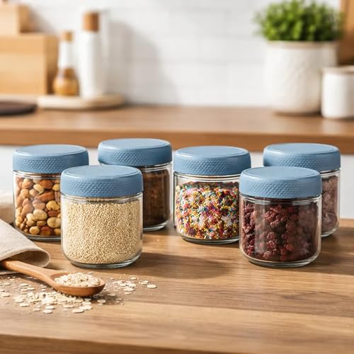 Image of Rioware Storage Glass Jar, Set of 6, 350 ml Each, Transparent, BPA Free, Storage Jar, Kitchen Organizer Modular, Multipurpose Cookies Jar,Blue