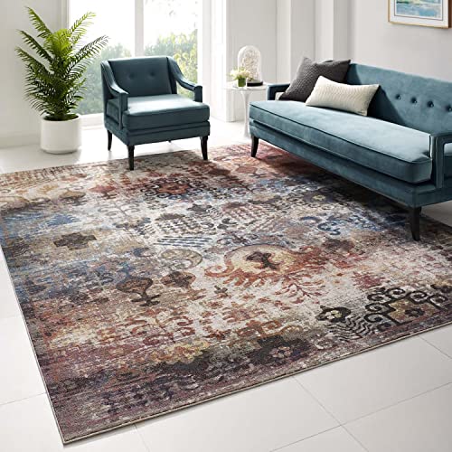 Modway Success Tahira Transitional Distressed Vintage Floral Moroccan Trellis 8X10 Area Rug, Multicolored #TOP1