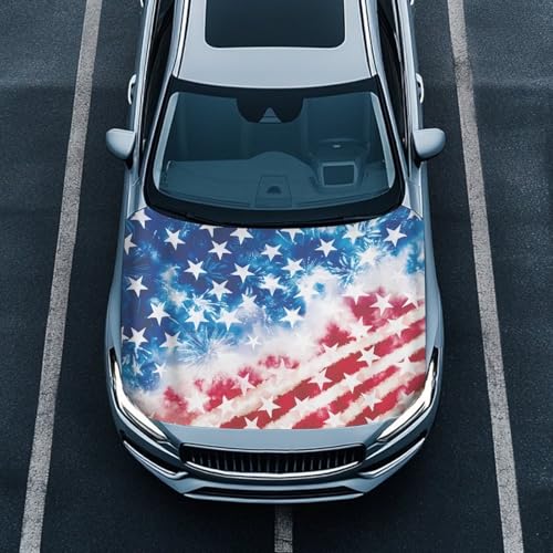Image of American Flag Design Car Hood Cover Protector for SUV Sedans Trucks, Elastic Polyester Waterproof Sun-Proof Auto Hood Flag Patriotic Decorative Car Accessories