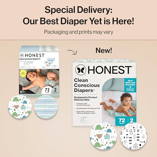 the honest company clean conscious diapers for delicate skin  up to 100 leakproof  hypoallergenic fragrance free  gender neutral  club box size 2 12-18 lbs 72 count prints may vary
