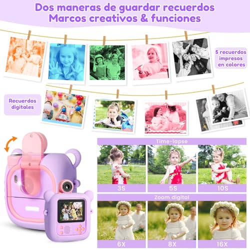 Miniatura 4 de ARNSSIEN Camara Fotos Infantil Instantanea 2,4"Camara instantanea Lente180° | 1080P Impresión instantánea, 7 Papeles (4 Col: O/R/V/B+3 B&N), Regalo Cumpleaños y Fiestas para niños y niñas 3-12 años, M2