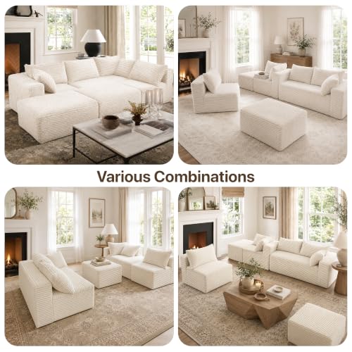 Image of Claiks 120 inch Boneless Couch, U-Shape Corduroy Sectional Sofa, Beige