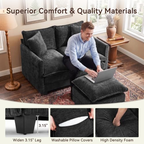 Image of 50 inch Loveseat Sofa with Ottoman, Cloud 2-Layer Cushion & 27 inch Deep Seat, Modern Love Seat Small Couch with 2 Washable Pillows for Small Spaces, Bedroom, Apartment, Office, Living Room, in a Box, Black