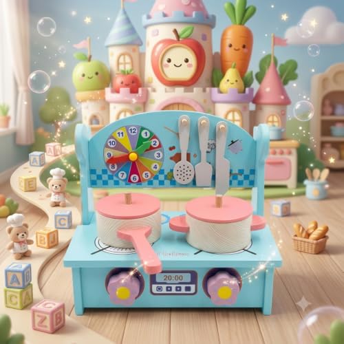 Image of Cute & Stylish Real Wooden Pretend Play Kitchen Set for Kids with Cooking Accessories Montessori Educational Toy Kitchen Playset for Boys Girls and Toddlers
