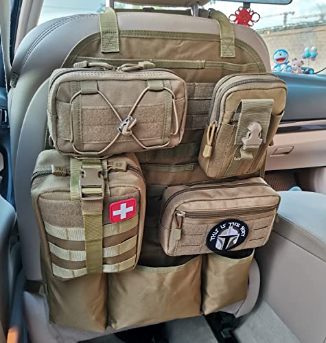 Image of Molle Seat Back Organizer, Tactical Car Seat Cover Organizer Panel with Pouches, Molle Universal Vehicle Panel (TAN)