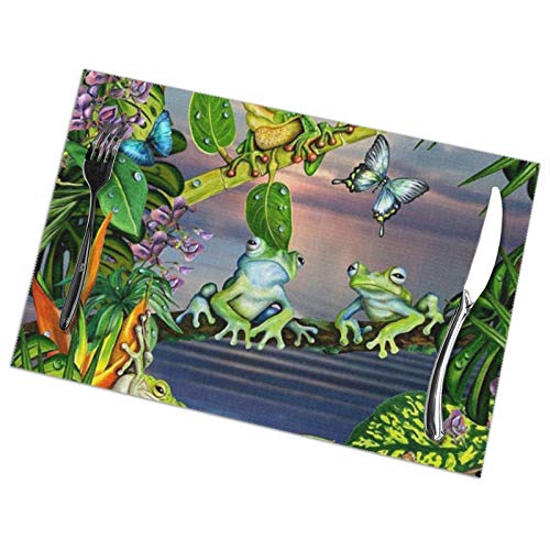 VGFJHNDF Many Frogs Sing On The Branches Summer Butterflies Lake Water Printed Placemats Set of 6,Dining Table Washable Table Place Mats for Kitchen Dining Home Decoration, 12 X 18 Inch