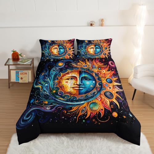 Genérico Edredón Nórdico 140x200 cm para Cama 90, Estilo Bohemio, Suave y Ligero, Lavable y Reversible, Estilo Pop con Sol, Luna y Estrellas, Incluye 2 Fundas de Almohada 50x75 cm sm248
