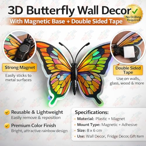 Image of Rangoli 3D Multicolor Butterfly Wall Stickers with Magnet | Removable Self Adhesive Wall Decor for Living Room, Bedroom, Kids Room | Wall & Iron Surface Decoration. Design-24